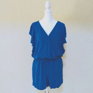 LOFT Vibrant Blue Flutter Sleeve Cinched Drawstring Waist Romper Size Medium